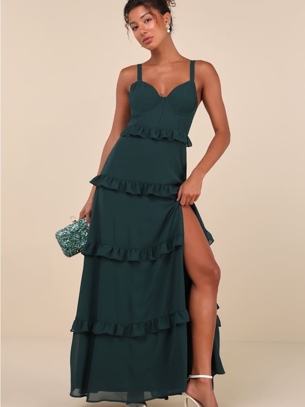 NWT Lulus Sincerely Poised Emerald Backless Bustier Tiered Maxi Dress